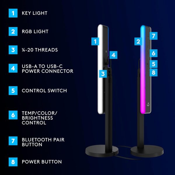 Logitech G Litra Beam LX Premium Dual-Sided RGB LED Streaming Key Light, TrueSoft, Studio Lights, Bluetooth, USB, PC/Mac - Graphite - Image 12