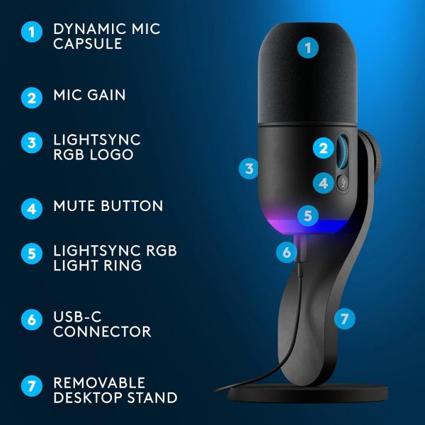 Logitech G Yeti GX Dynamic RGB Gaming Microphone, Podcast Microphone with LIGHTSYNC, Blue VOICE, G HUB Control, USB Plug and Play - Black - Image 6